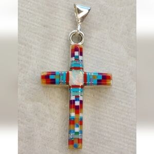 Signed RT Vintage Sterling Silver 925 Multi-Stone Inlay Cross Pendant